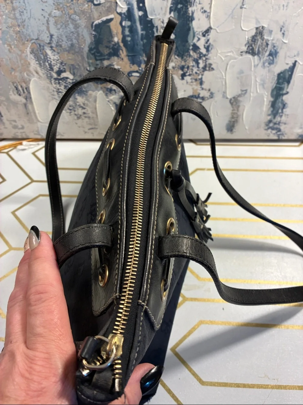 Vintage Dooney & Bourke Black  Designer Monogram Tote Bag - Satchel
